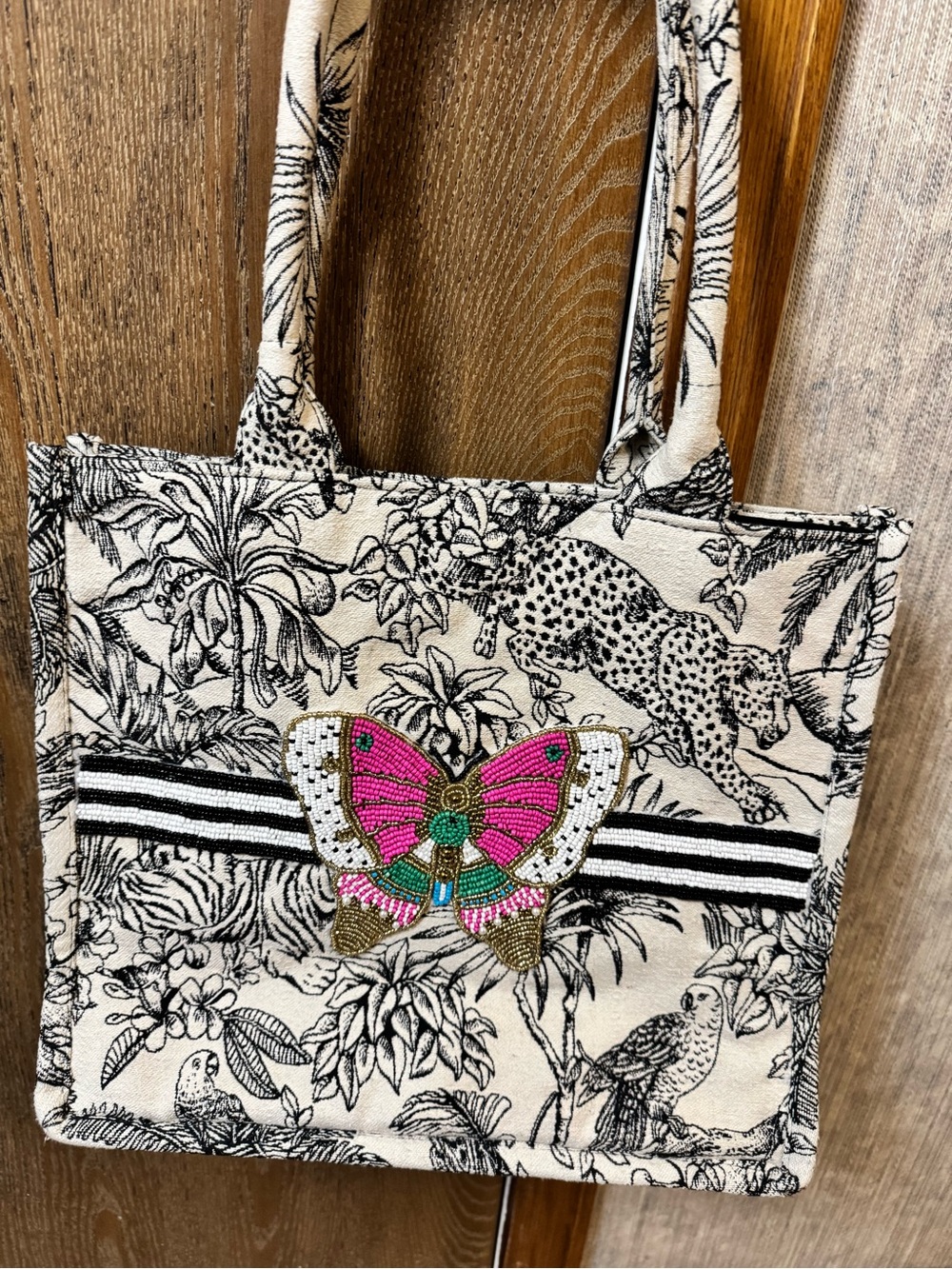 Embroidered toile Beaded Butterfly Tote Bag- NEW